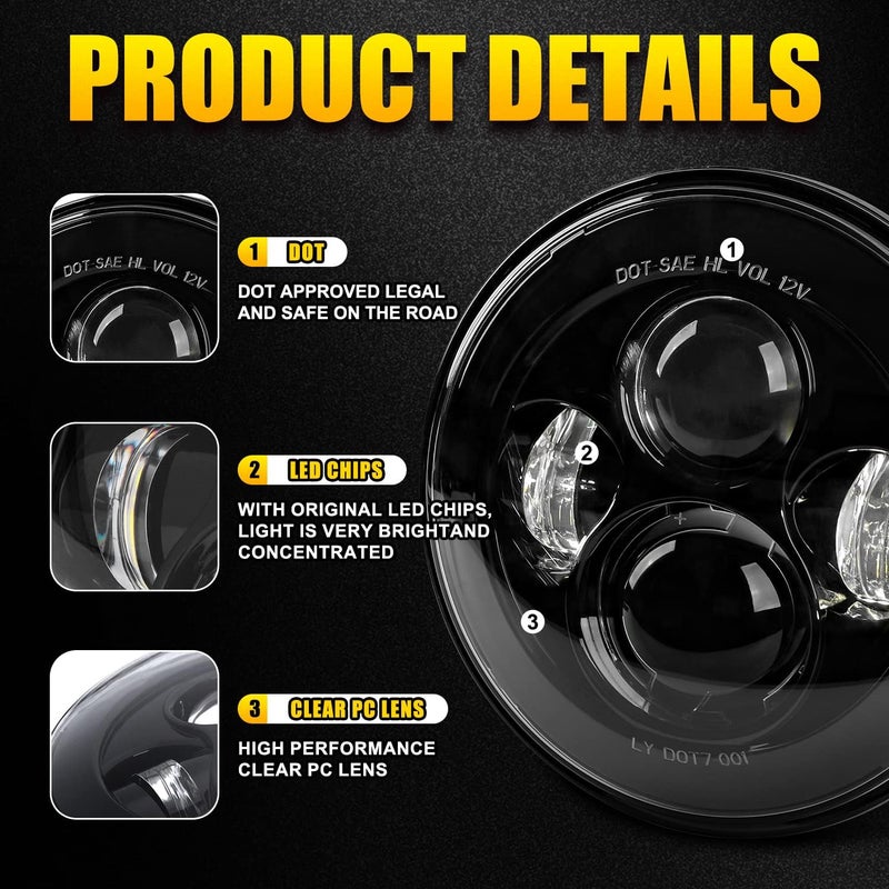 LX-LIGHT Dot Approved 7Inch Black LED Headlight Compatible with Motorcycle Tour,FLD,Softail Heritage,Street Glide,Road King,Electra Glide,Yamaha V-Star Road Star Wrangler - Image 4